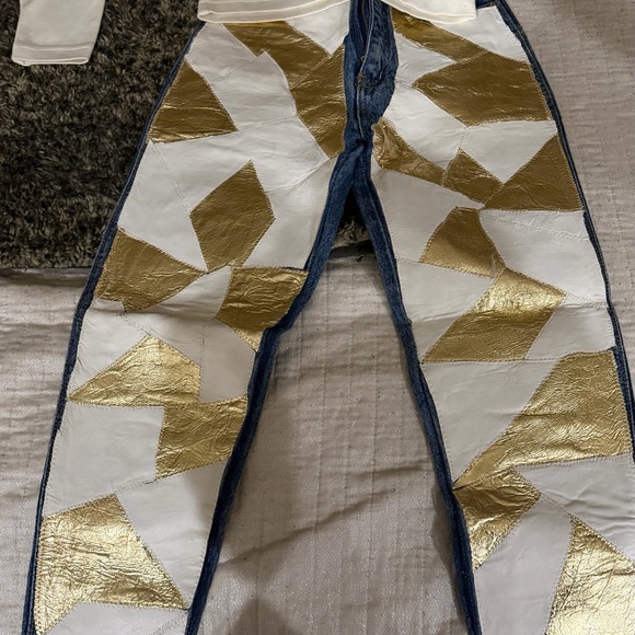 rave Pants - Rare 3/4 sleeve Vneck top an Gold and White leather Skinny Jean  hand made by me